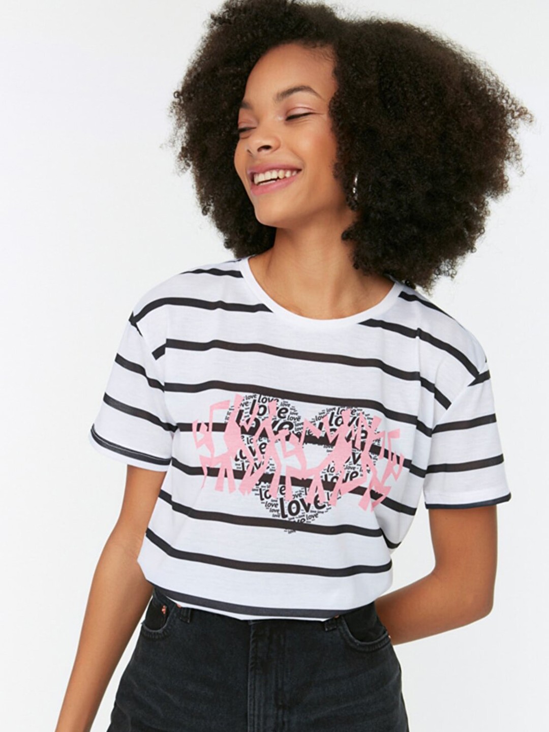 

Trendyol Women White & Black Striped Drop-Shoulder Sleeves Loose T-shirt