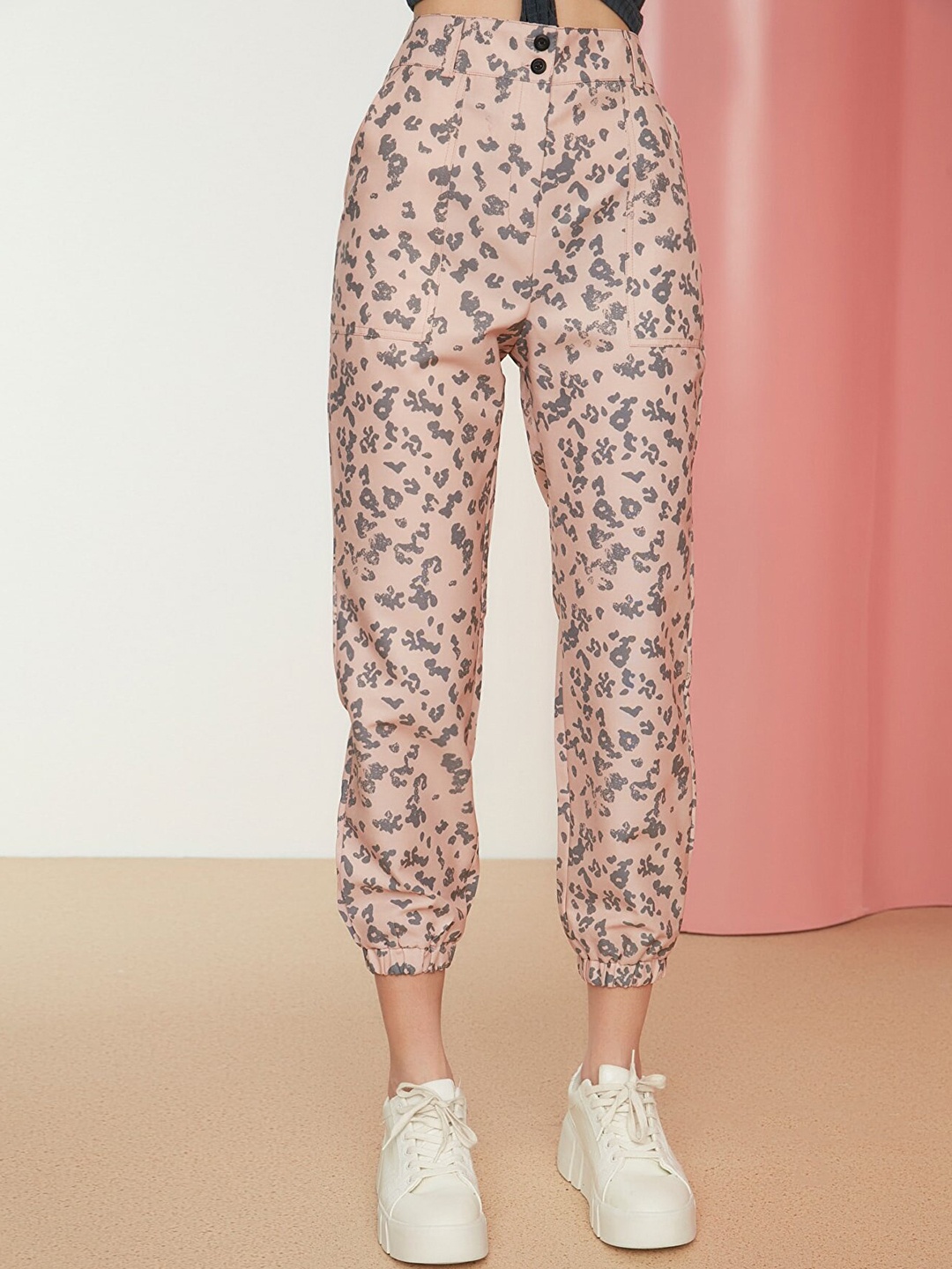 

Trendyol Women Beige & Black Animal Printed Joggers Trousers