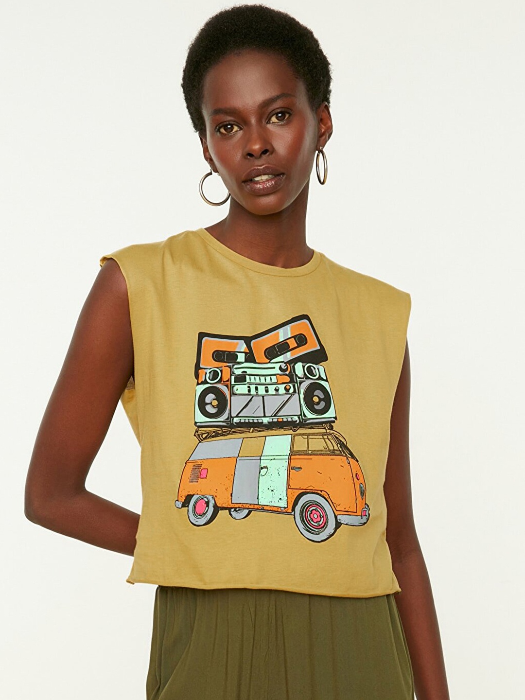

Trendyol Women Khaki Printed Pure Cotton T-shirt