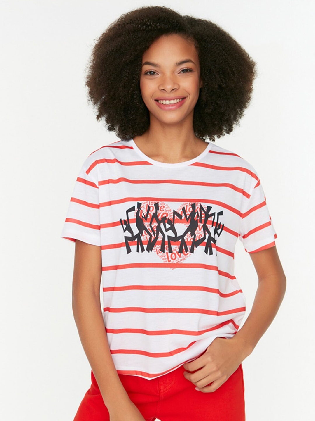 

Trendyol Women White & Red Striped T-shirt