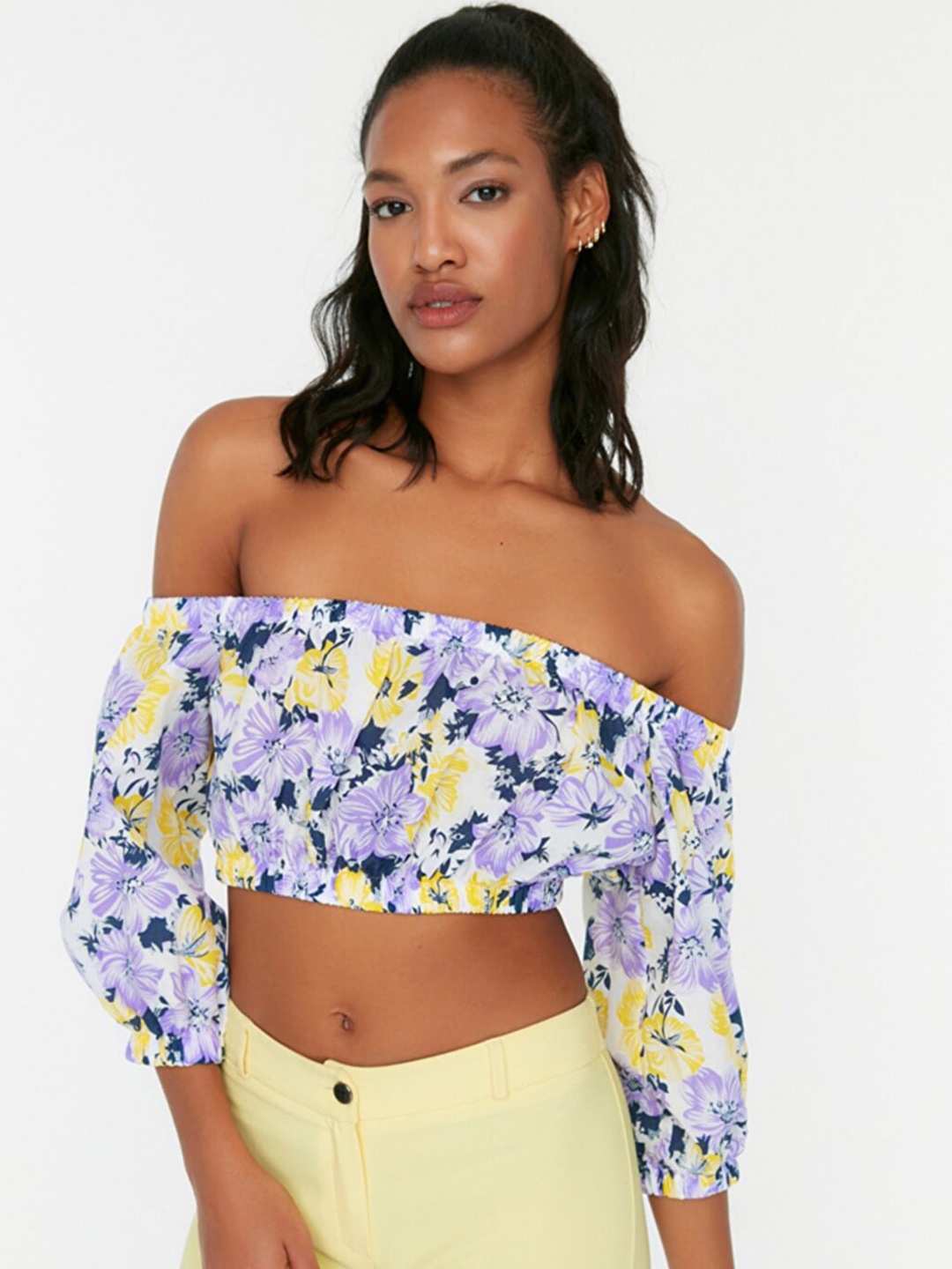 

Trendyol Purple & Yellow Floral Print Bardot Crop Top
