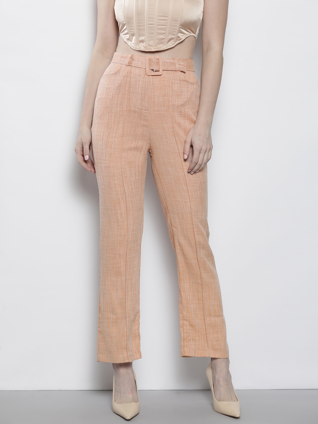 

Trendyol Women Peach-Coloured Checked Trousers With Belt