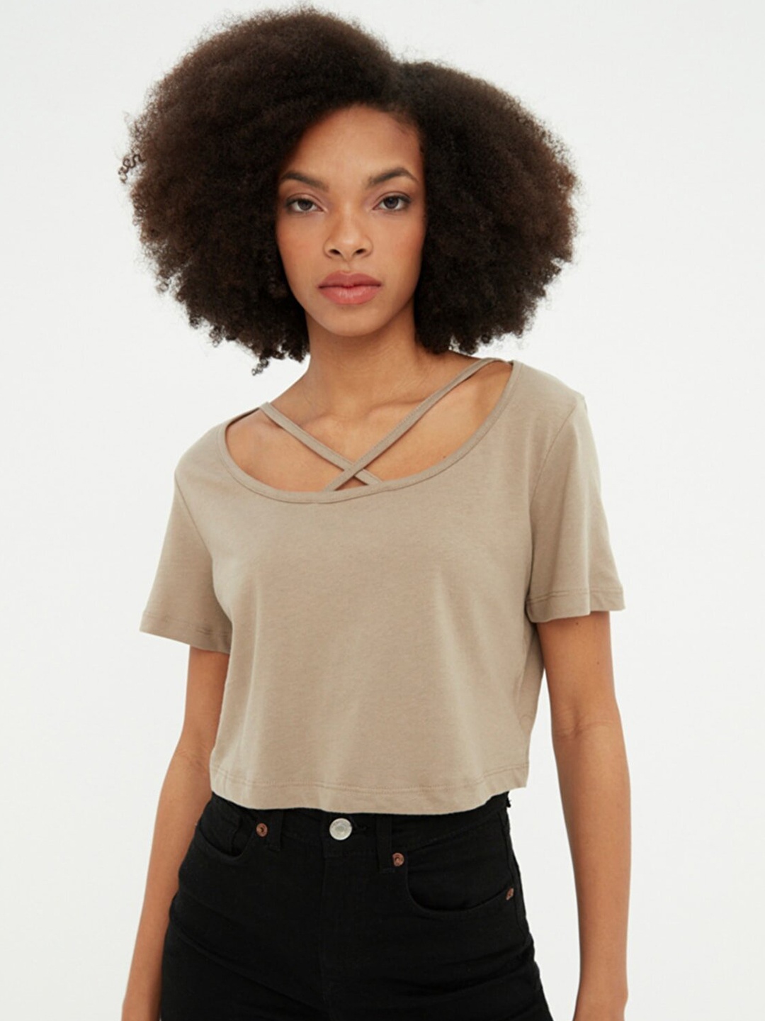 

Trendyol Taupe Solid V-Neck with Cut Out Detail Pure Cotton Crop Top