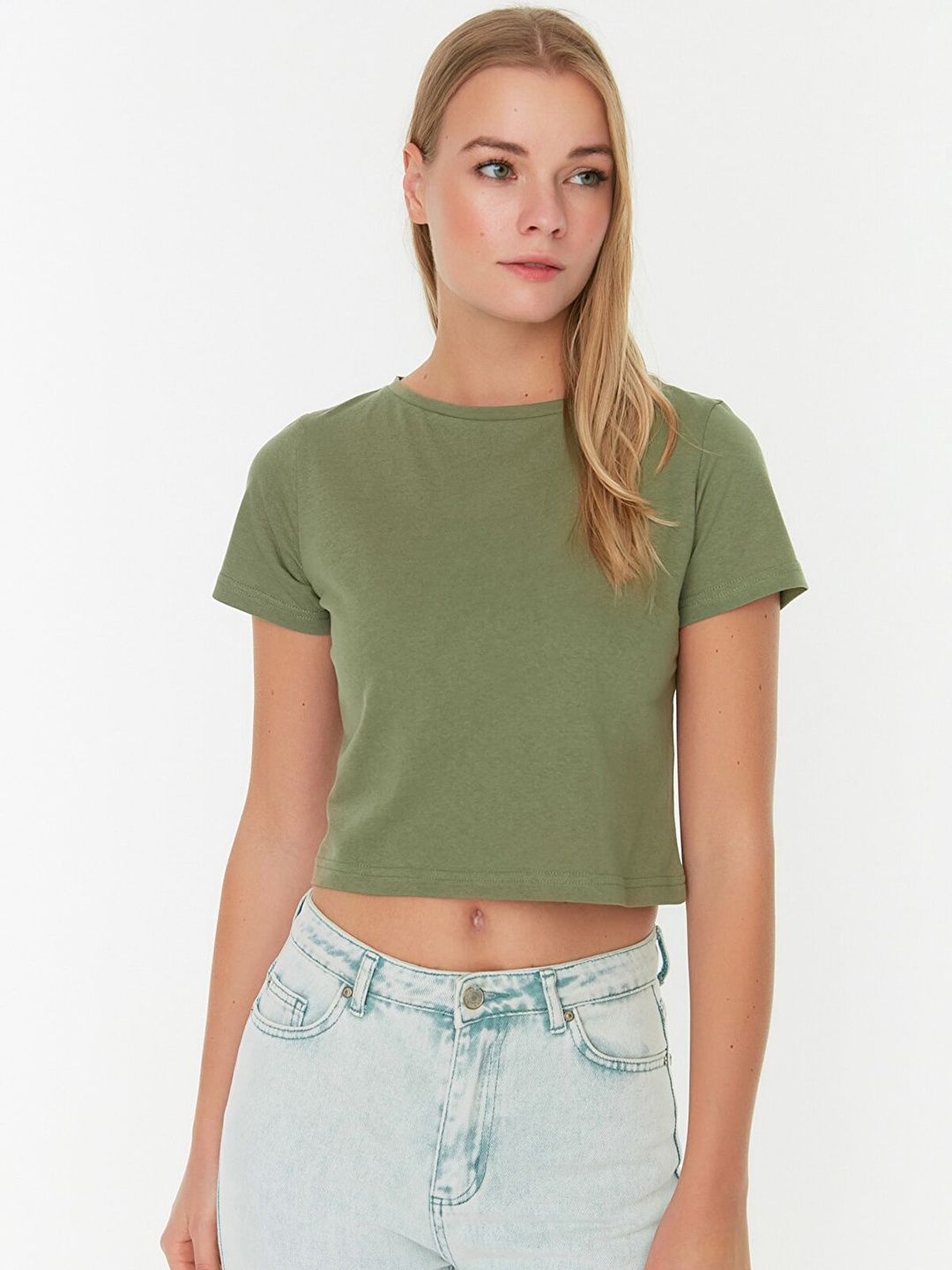 Trendyol Women Green Solid Pure Cotton Crop T-shirt