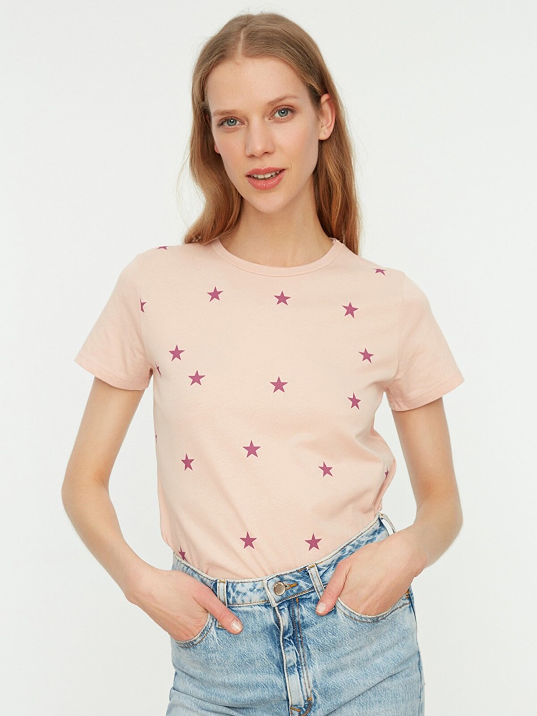 

Trendyol Women Peach-Coloured & Purple Printed Pure Cotton T-shirt