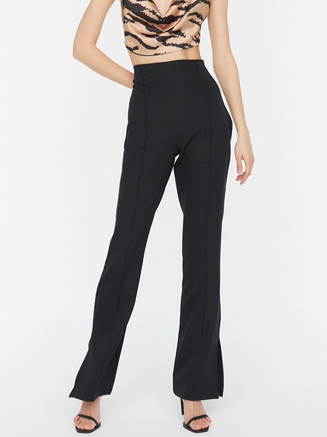 

Trendyol Women Black Solid High-Rise Flared Trousers