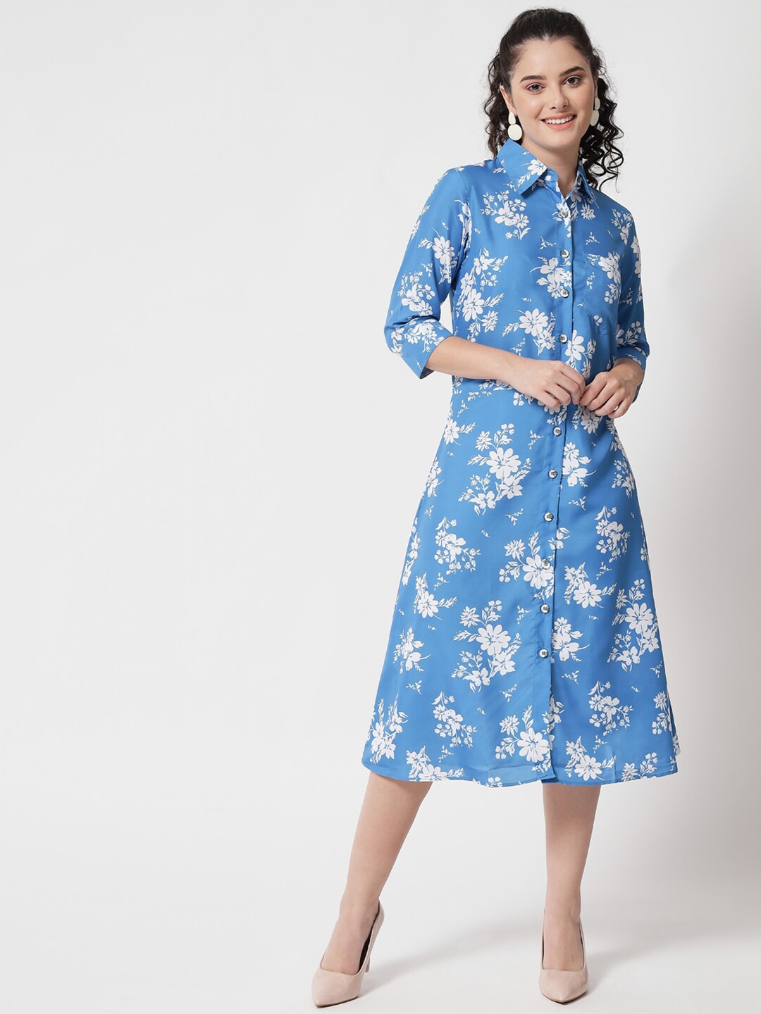 

Kannan Blue Floral Crepe A-Line Midi Dress