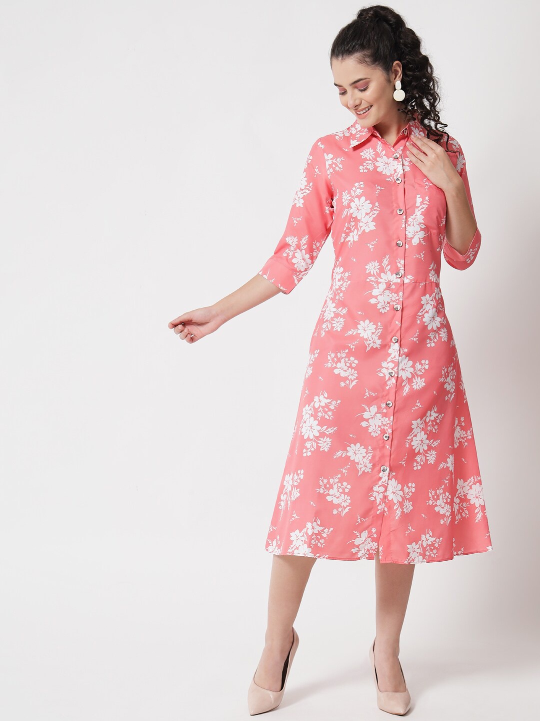 

Kannan Peach-Coloured Floral Crepe A-Line Midi Dress