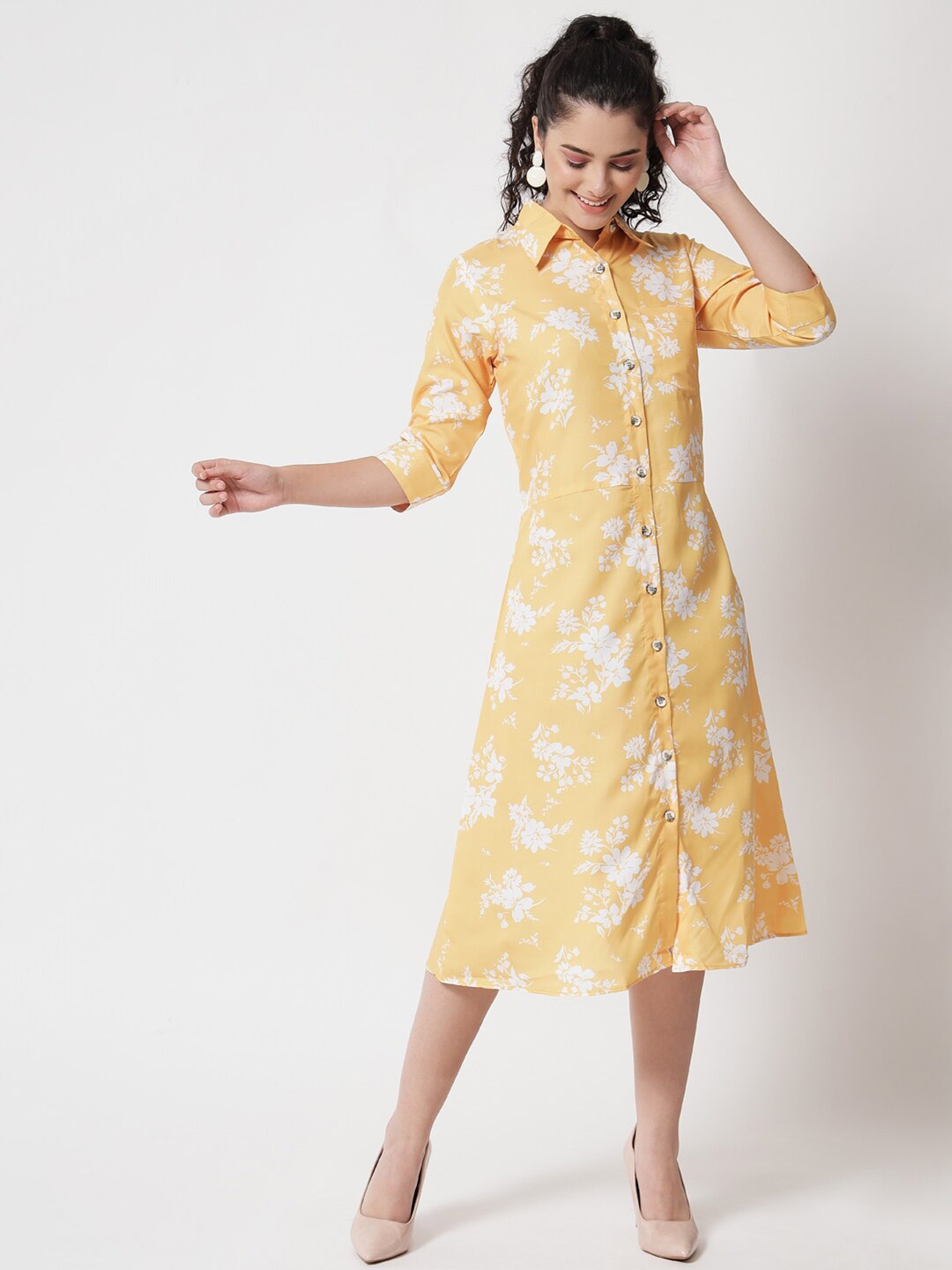 

Kannan Yellow Floral Crepe Shirt Midi Dress