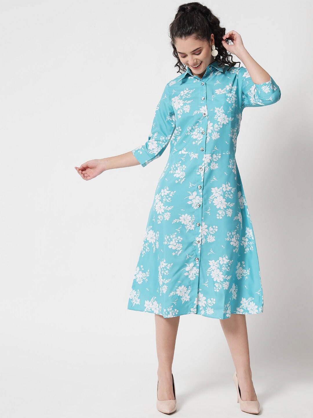 

Kannan Blue Floral Crepe A-Line Midi Dress