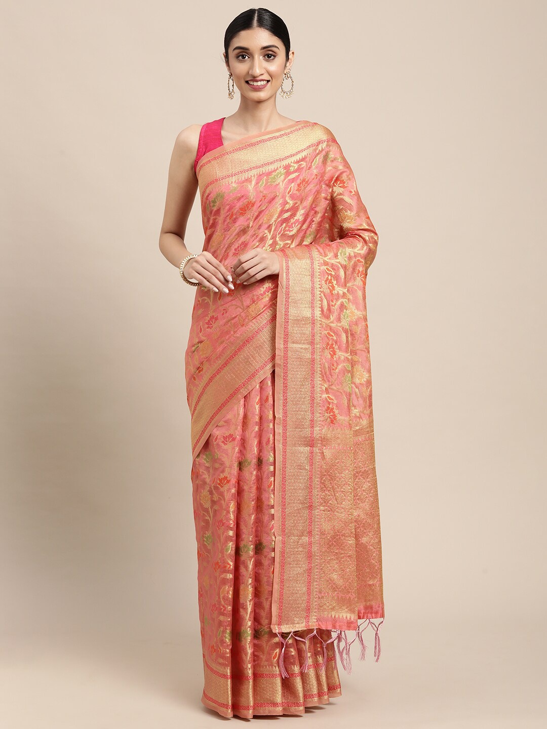 

GAJARAI Peach-Coloured & Gold-Toned Woven Design Zari Organza Banarasi Saree