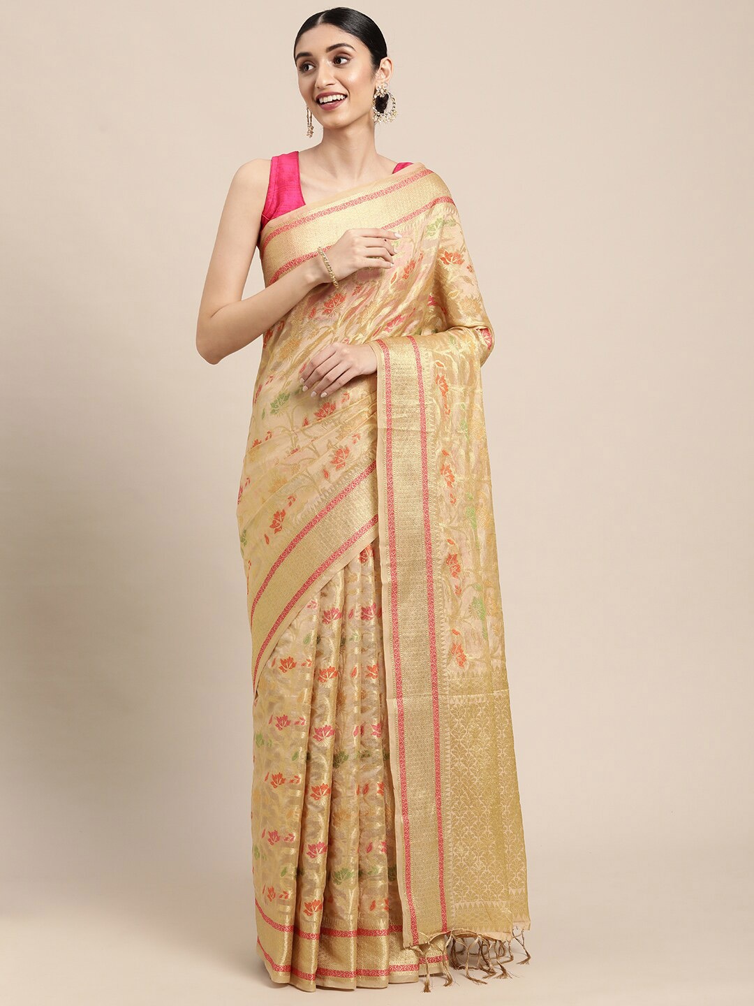 

GAJARAI Beige & Gold-Toned Woven Design Zari Organza Banarasi Saree