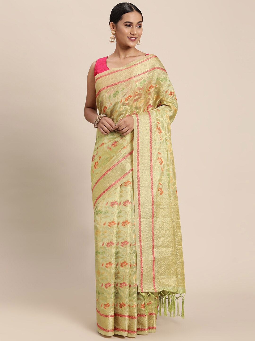 

GAJARAI Green & Red Woven Design Zari Organza Banarasi Saree