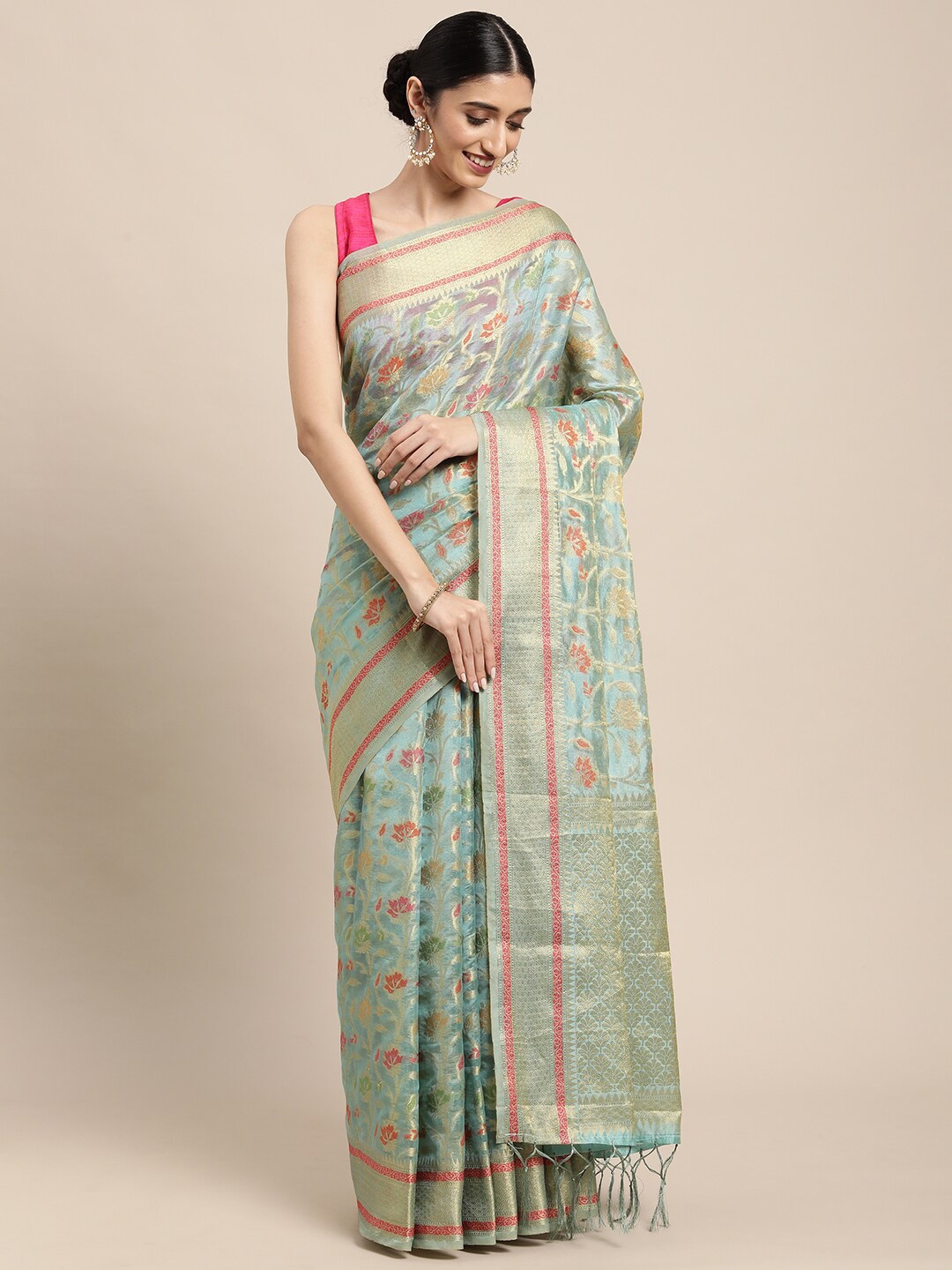 

GAJARAI Turquoise Blue & Red Woven Design Zari Organza Banarasi Saree