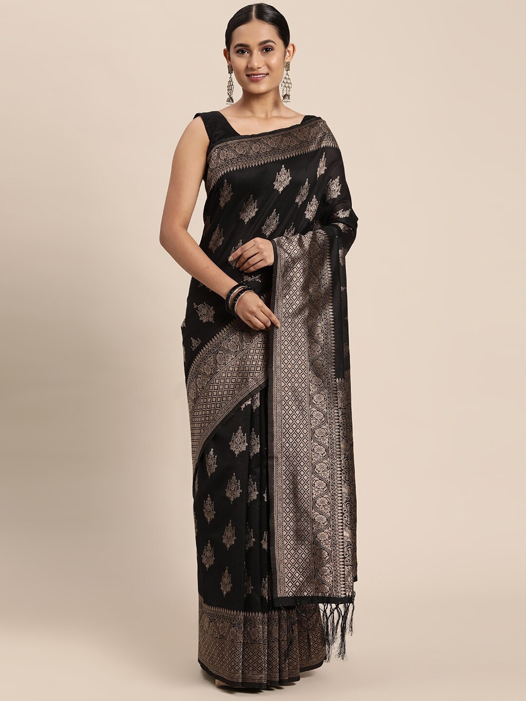 

GAJARAI Black Ethnic Motifs Zari Chanderi Saree