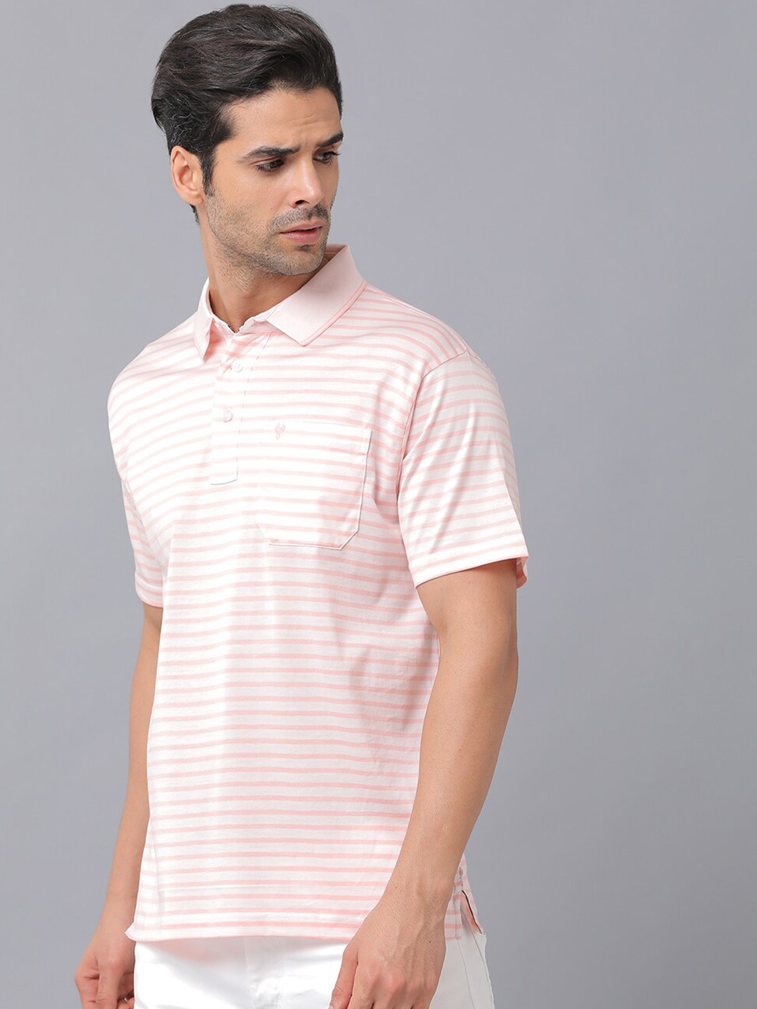 

Classic Polo Men Pink Striped Henley Neck T-shirt