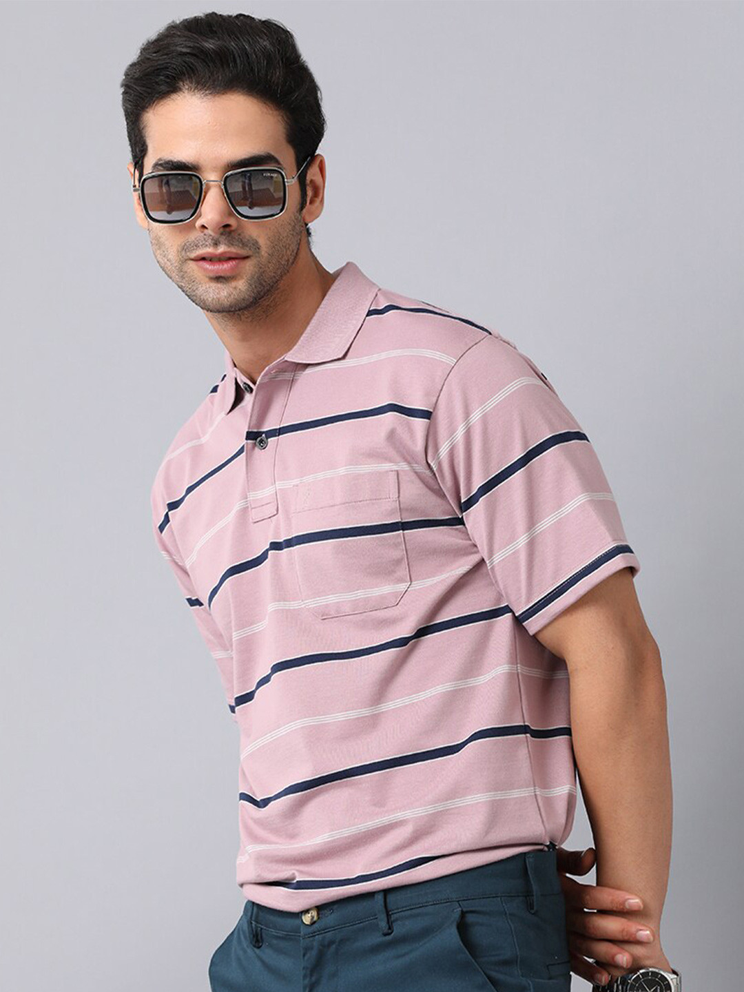 

Classic Polo Men Blue Striped Polo Collar T-shirt