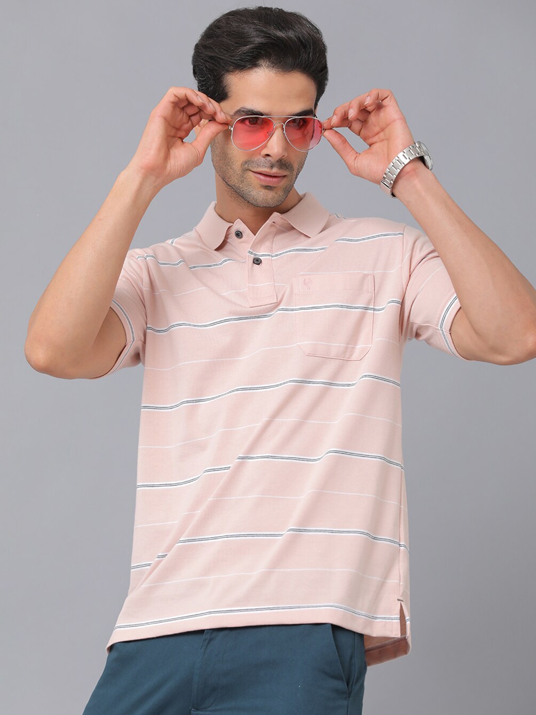 

Classic Polo Men Pink Striped Polo Collar T-shirt