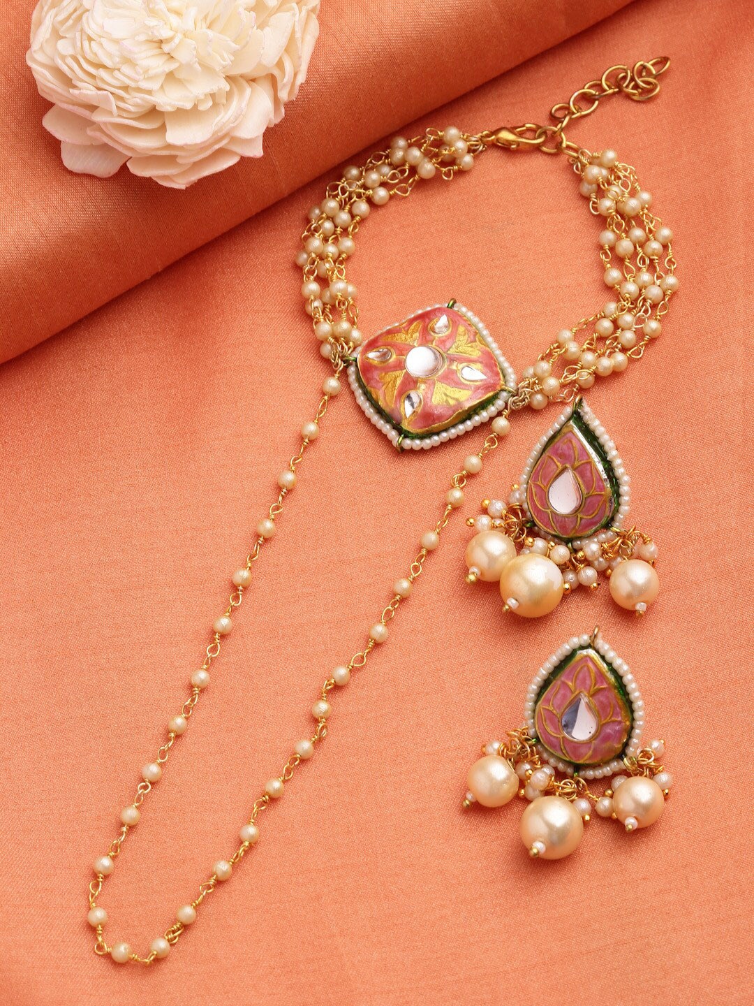 

DUGRISTYLE Gold-Plated Pink & White Kundan Studded & Beaded Jewellery Set