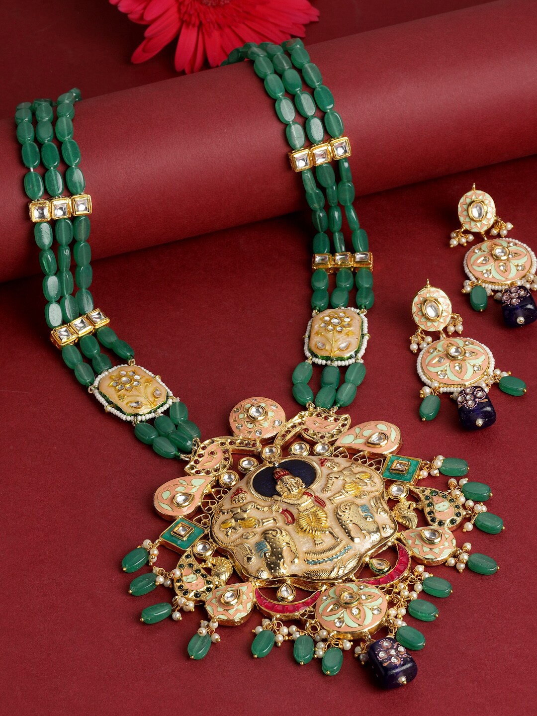 

DUGRISTYLE Sterling Silver Gold-Plated Green & Blue Kundan-Studded Jewellery Set
