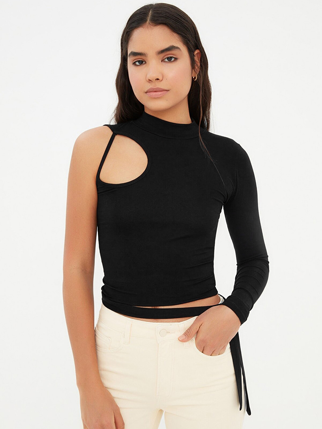 

Trendyol Women Black Solid Tie-Up Detail Fitted Top