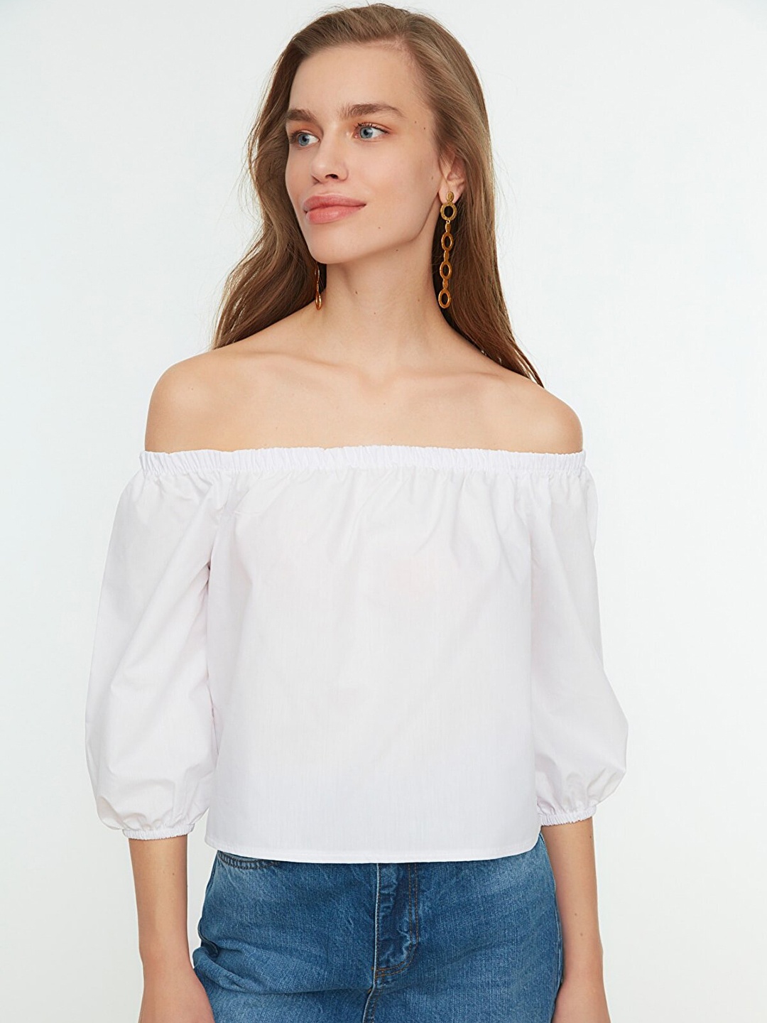 Trendyol Women White Solid Off-Shoulder Pure Cotton Bardot Top