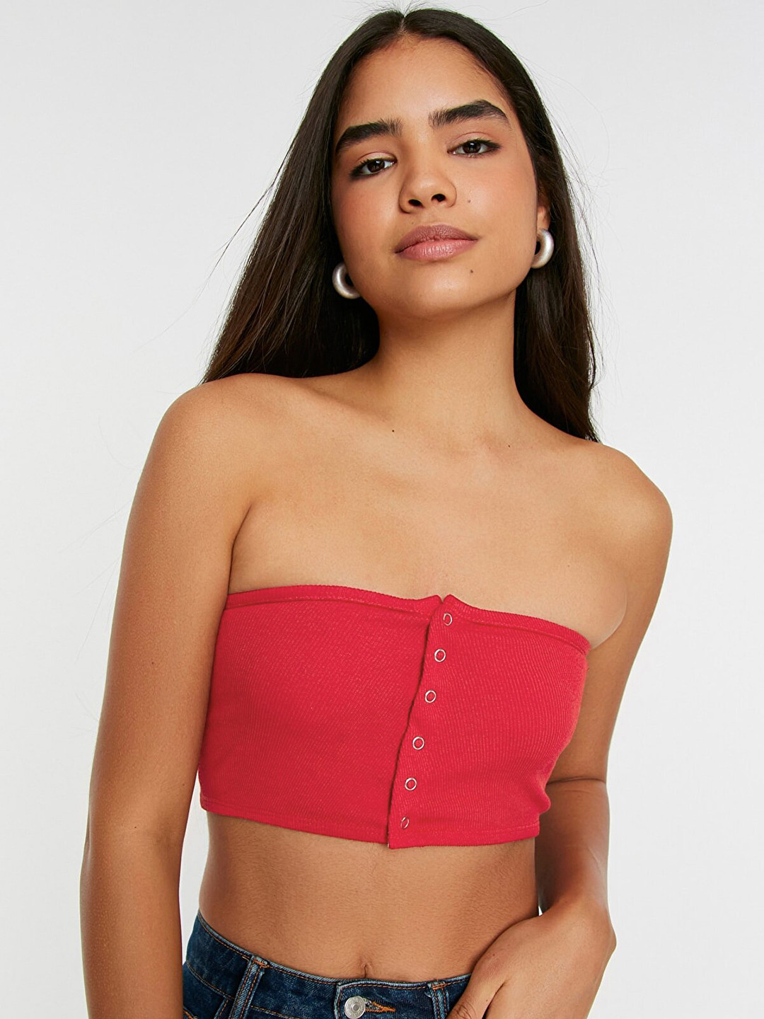 

Trendyol Women Red Ribbed Tube Crop Top