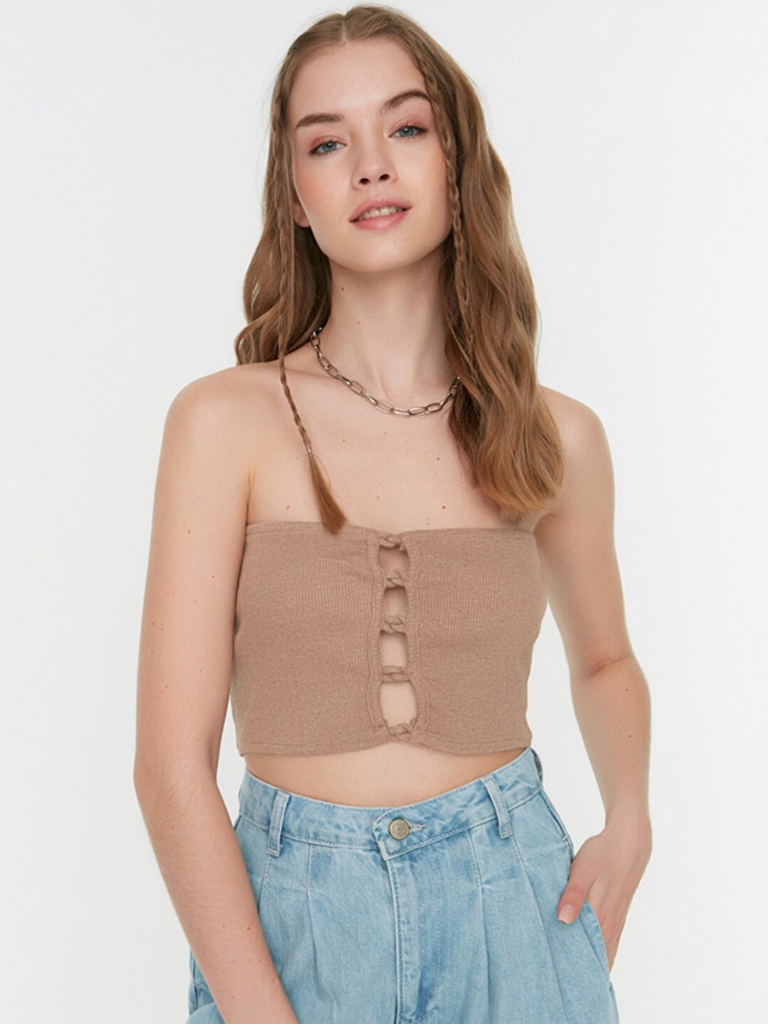 

Trendyol Taupe Ribbed Off-Shoulder Tube Crop Top