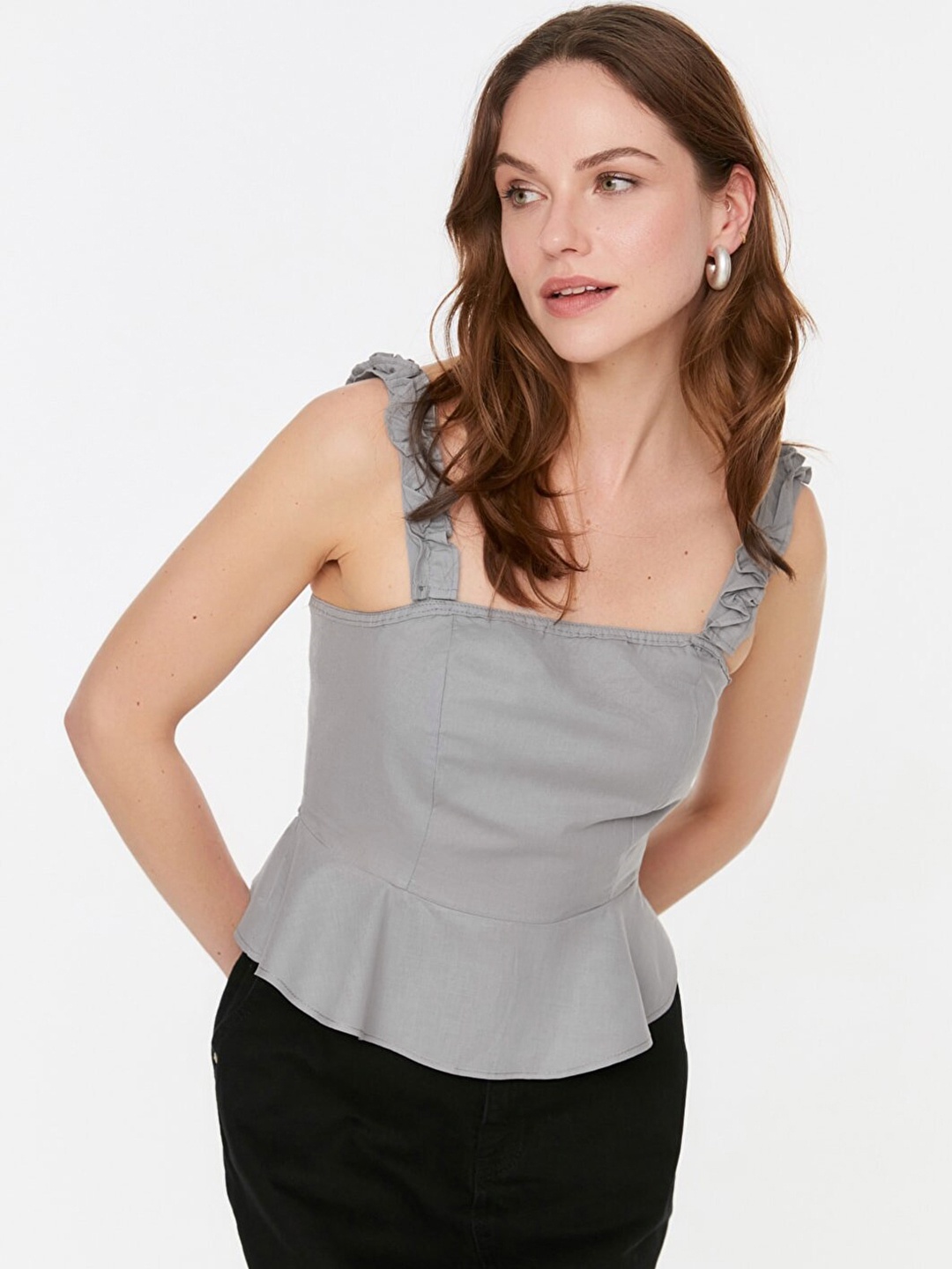 

Trendyol Women Grey Solid Cinched Waist Top