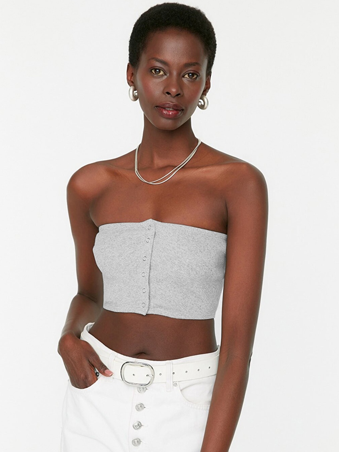 

Trendyol Grey Melange Solid Tube Crop Top