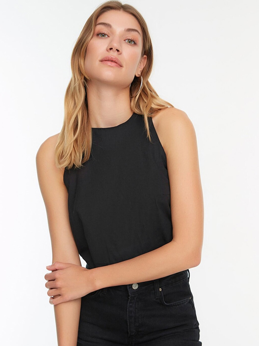 

Trendyol Women Black Solid Pure Cotton Top