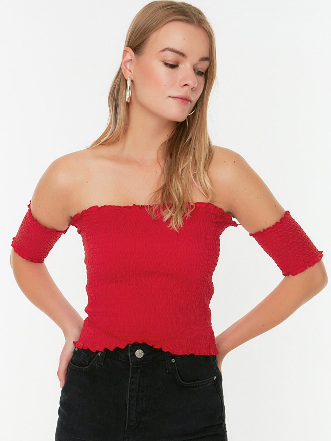 

Trendyol Women Red Off-Shoulder Pure Cotton Smocked Top