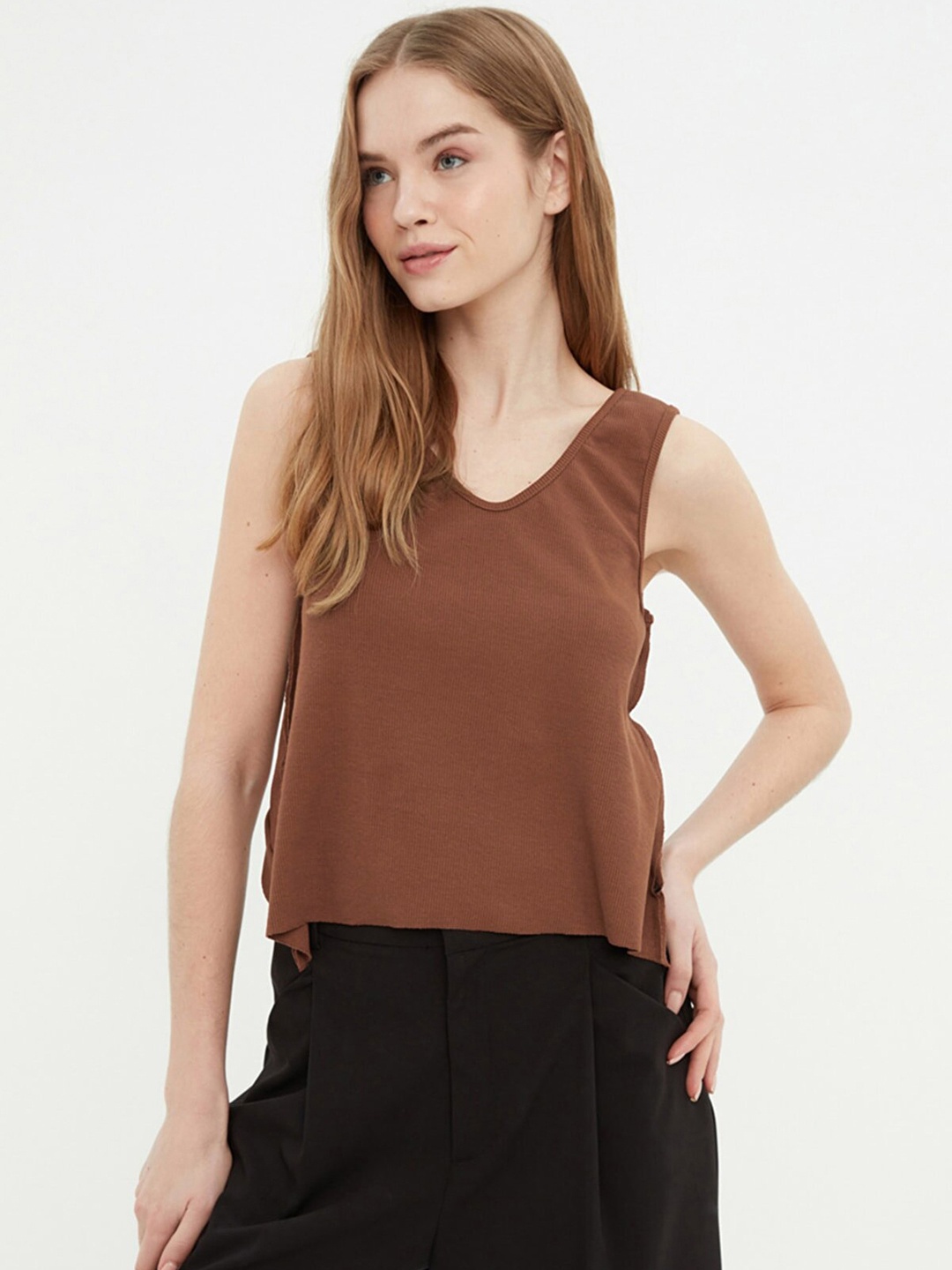 

Trendyol Brown Solid Styled Back Top