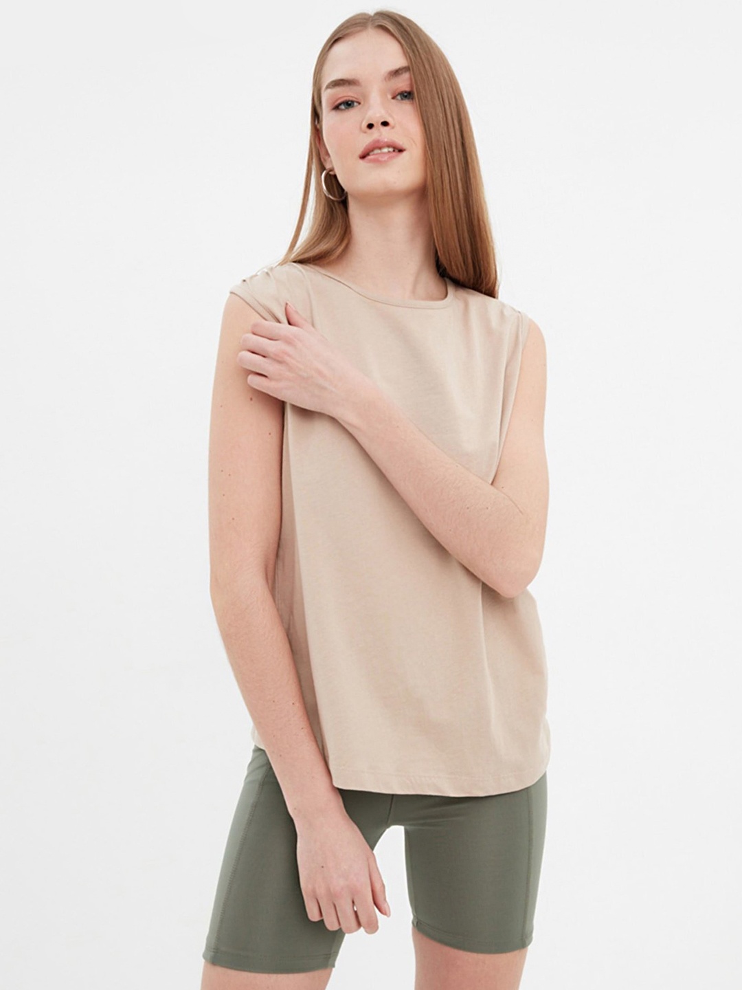 Trendyol Women Beige Pure Cotton Sleeveless T-shirt