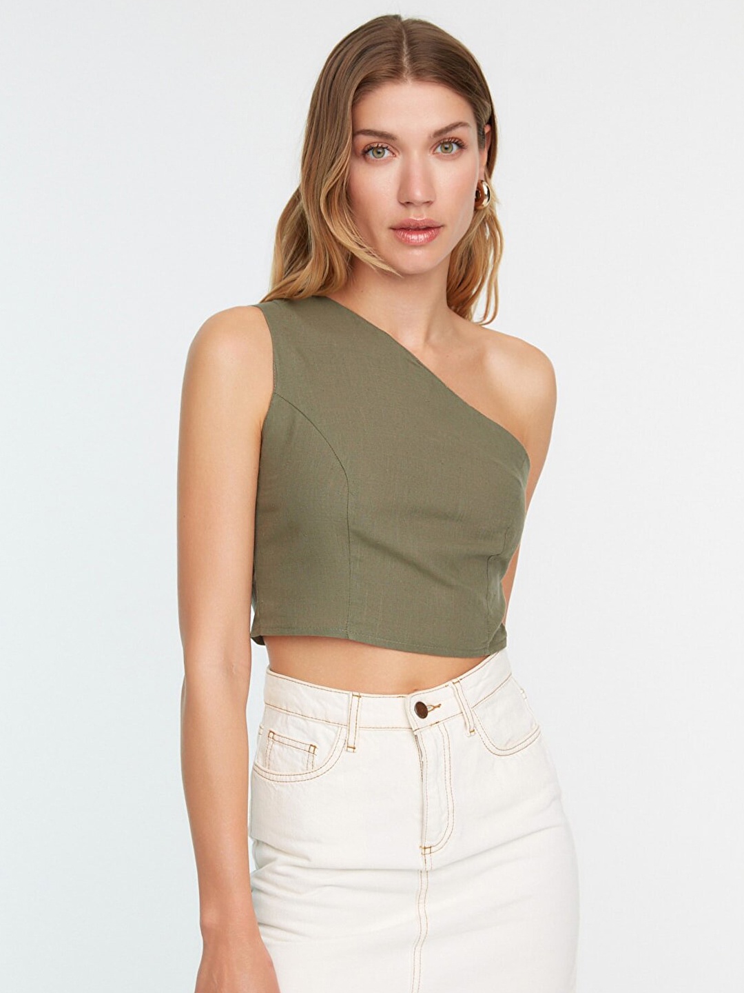 

Trendyol Olive Green Solid One Shoulder Cropped Pure Cotton Top