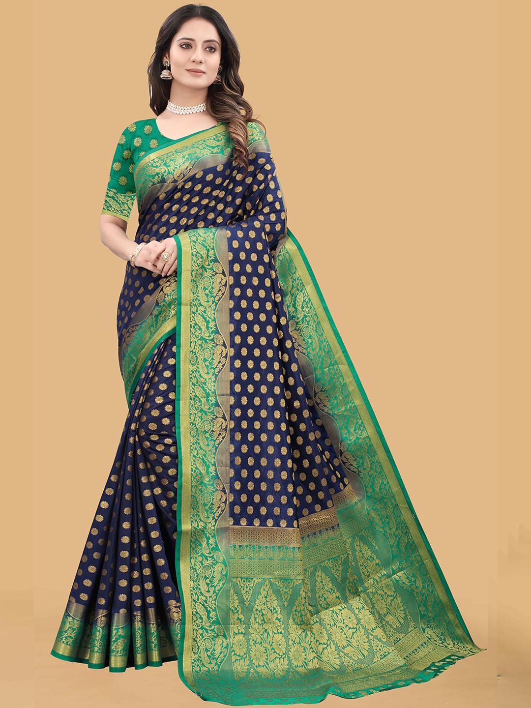 

LINARO LIFESTYLES Navy Blue & Green Woven Design Zari Silk Cotton Banarasi Saree