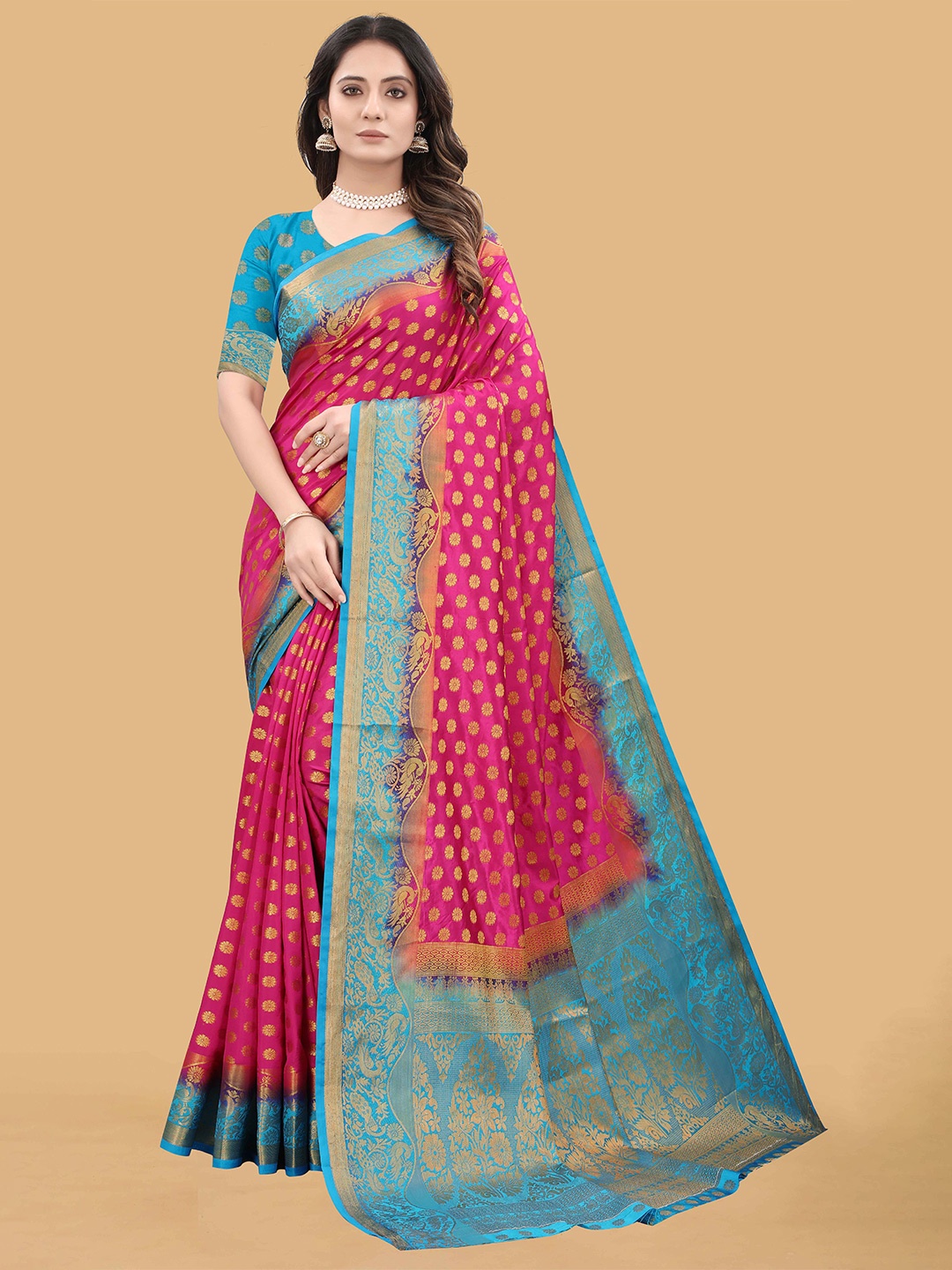 

LINARO LIFESTYLES Pink & Blue Woven Design Zari Silk Cotton Banarasi Saree