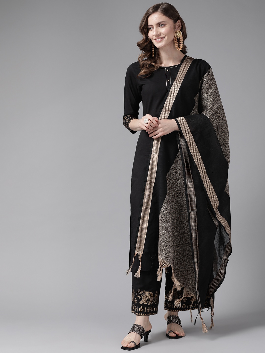 

Yufta Women Black Ethnic Motifs Printed Beads and Stones Pure Cotton Kurta with Palazzos & With Dupatta