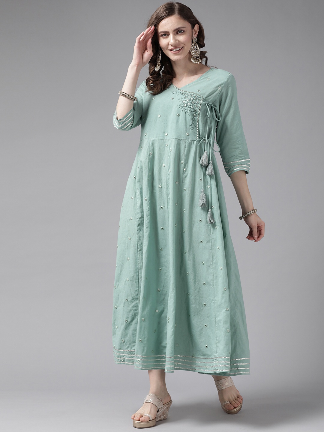 

Yufta Sea Green Floral Embroidered Ethnic Maxi Dress