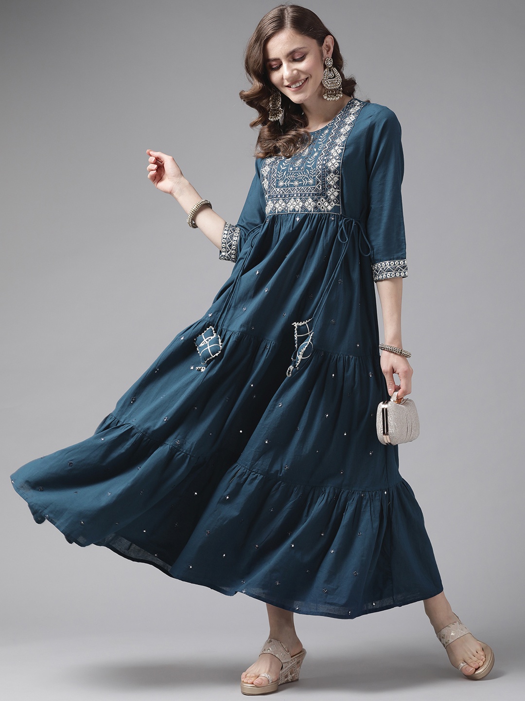 

Yufta Teal Ethnic Motifs Embroidered Cotton Tiered Maxi Dress