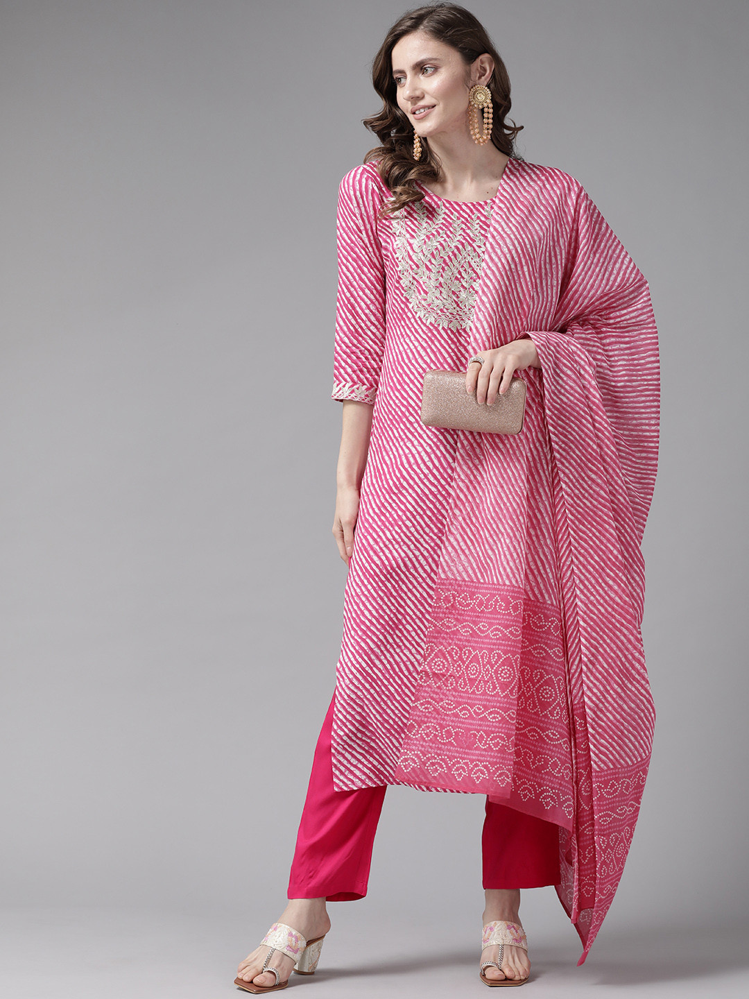 

Yufta Women Pink Leheriya Printed Zardozi Kurta with Trousers & With Dupatta