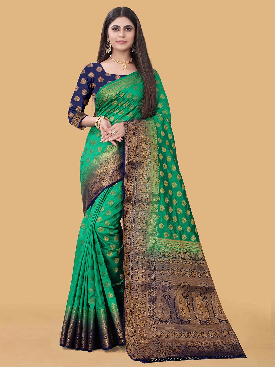 

LINARO LIFESTYLES Green & Navy Blue Woven Design Zari Silk Cotton Banarasi Saree