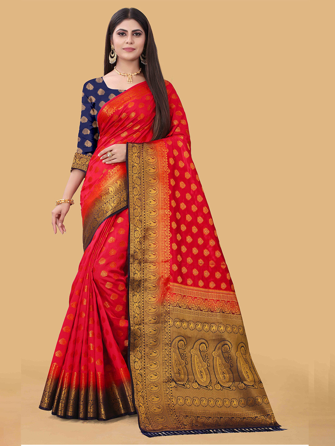 

LINARO LIFESTYLES Red & Navy Blue Woven Design Zari Silk Cotton Banarasi Saree