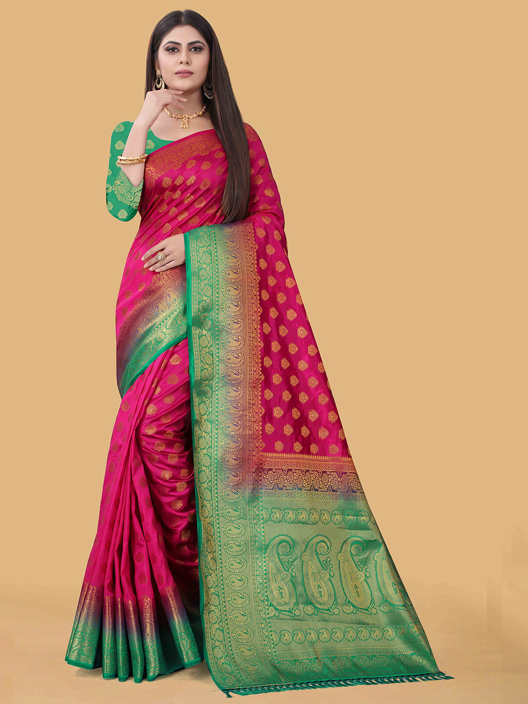 

LINARO LIFESTYLES Pink & Green Ethnic Motifs Zari Silk Cotton Banarasi Saree