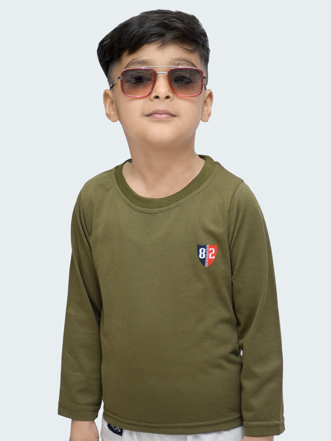 

3BROS Kids Green Drop-Shoulder Sleeves Applique T-shirt