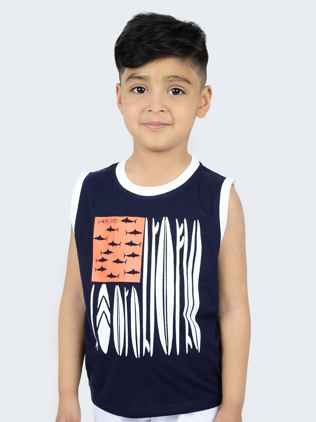 

3BROS Kids Navy Blue Printed Raw Edge T-shirt