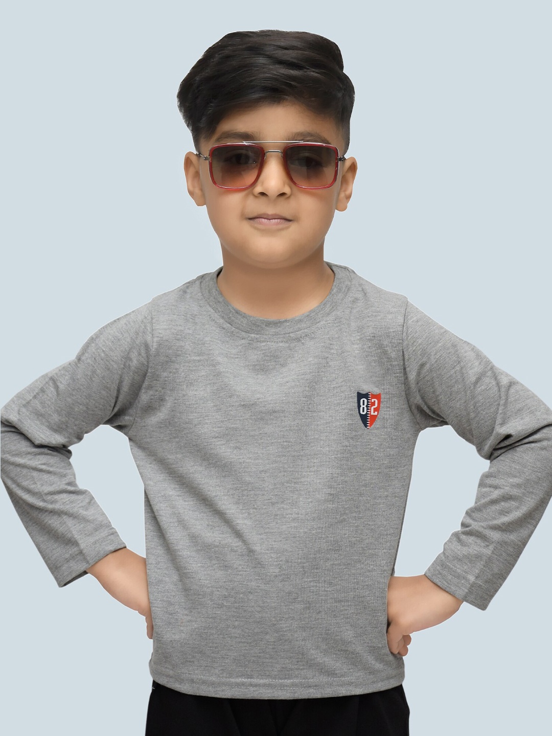 

3BROS Kids Grey Melange Applique T-shirt