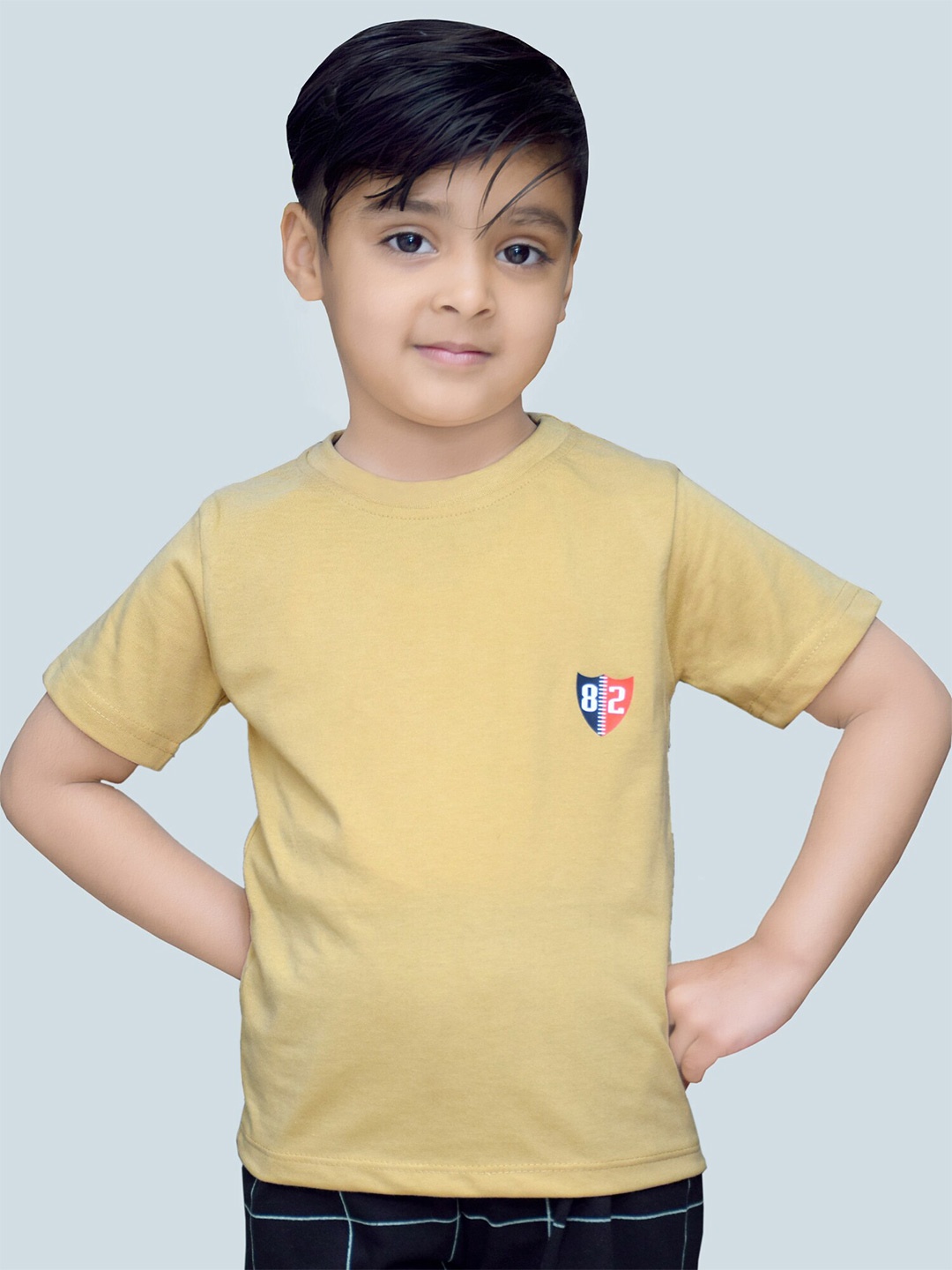 

3BROS Kids Beige Drop-Shoulder Sleeves Applique T-shirt