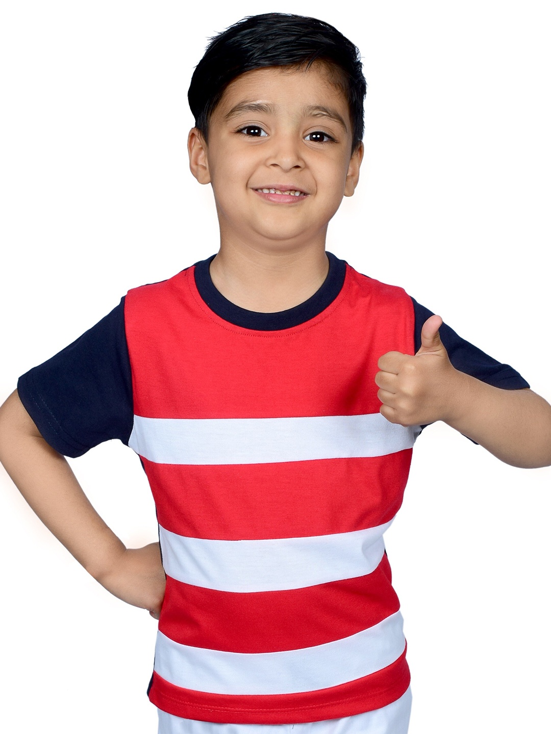 

3BROS Kids Navy Blue Striped Applique T-shirt