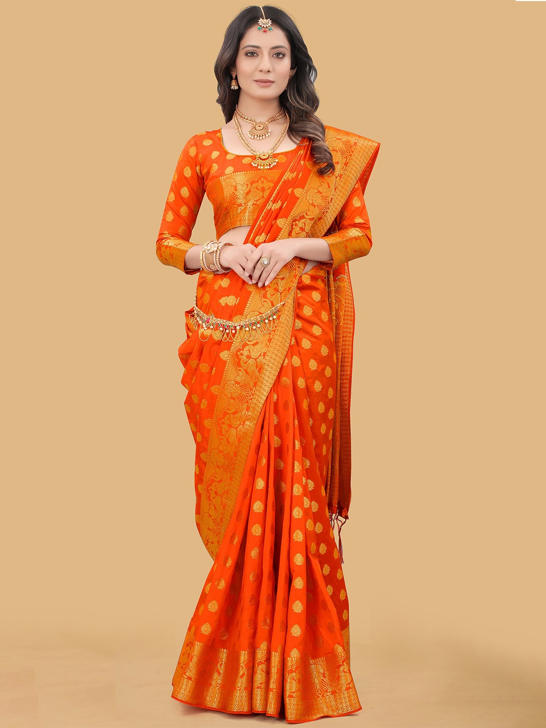 

LINARO LIFESTYLES Orange & Gold-Toned Woven Design Zari Silk Cotton Banarasi Saree